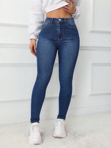 SHEIN ICON 大尺碼女款高腰口袋修身休閒牛仔褲 - 中等水洗藍 - 查看 1