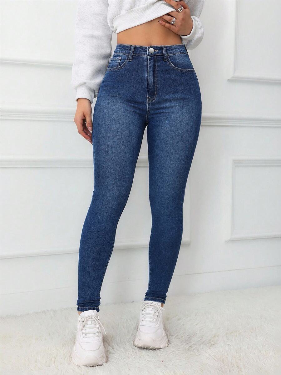 SHEIN ICON 大尺碼女款高腰口袋修身休閒牛仔褲 - 中等水洗藍 - 查看 1