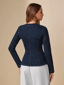 Selenza Jaket Denim Kasual Wanita Kancing Ganda, Musim Gugur - Dark Wash - View 3