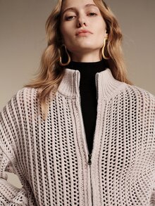 Anewsta Essential Autumn/Winter Elegant Lapel Zip-Up Hollow Stripe Vertical Hollow High-End Grey Knit Cardigan - Grey - View 3