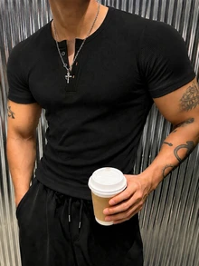Gym Rark Men's Solid Color Button Half-Placket Short Sleeve Sports T-Shirt - Black - View 4