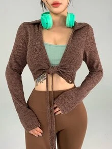 DAZY Women's Solid Color Long Sleeve Front Knot Sports T-Shirt Fall Gym Light Green Sporty Sexy Modest Sporty Athleisure Workout Gym - Brown - View 9