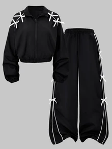 SHEIN 2件組時尚休閒女款/青少年新款黑色針織拼接白色飾邊拉鍊立領夾克與白色飾邊寬鬆長褲套裝 - 黑色 - 查看 7