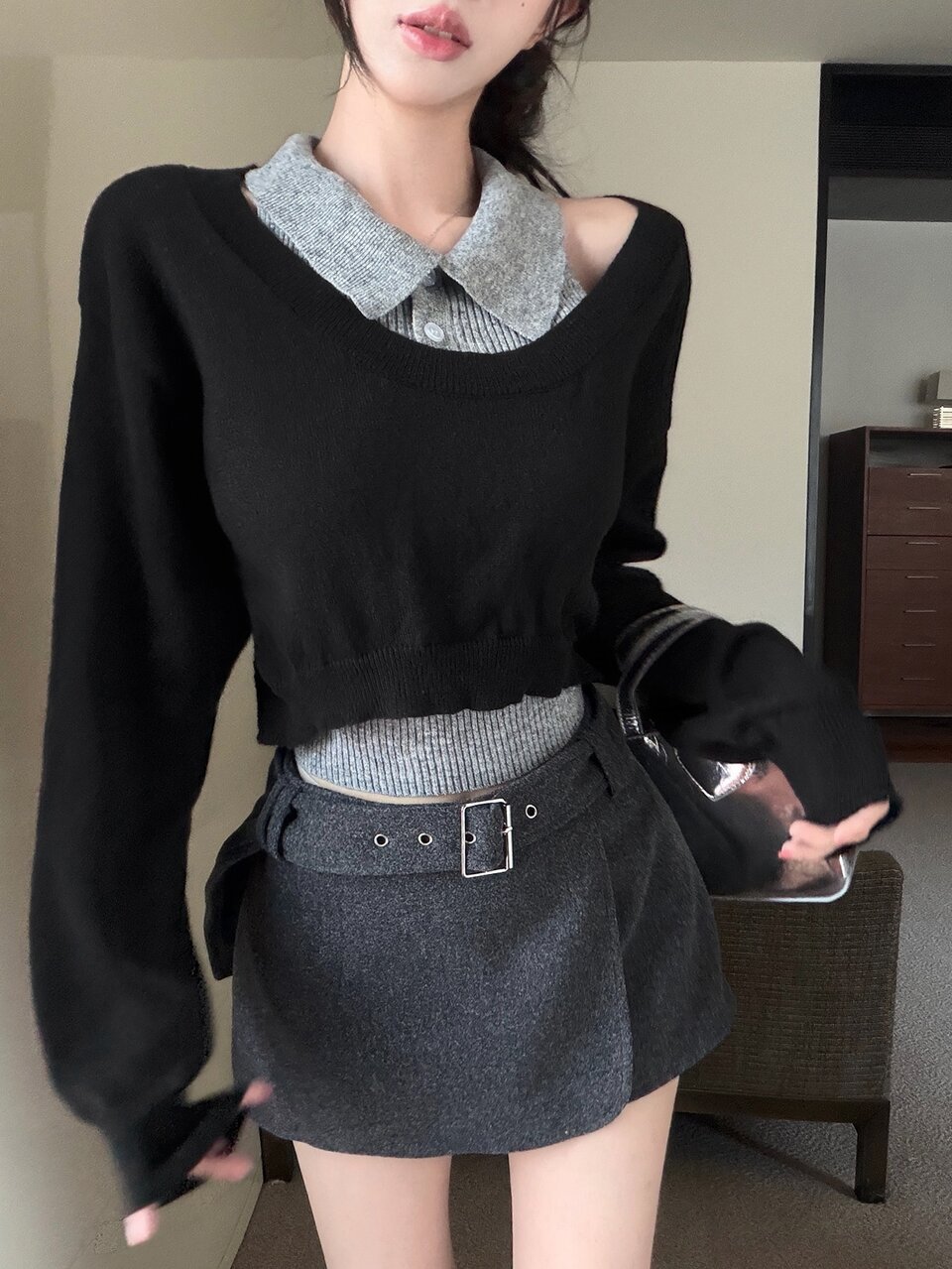 Women's Dropped Shoulder Long Sleeve Cropped Sweater And Solid Color Polo Collar Sleeveless Knit Top Set