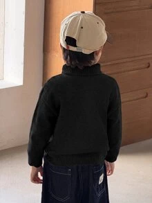 SHEIN 兒童小男孩休閒扭轉領拉鍊開襟秋季毛衣 - 黑色 - 查看 2