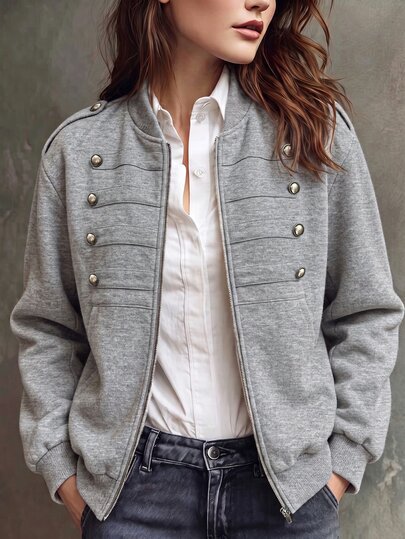 SHEIN American Retro Button Decor Grey Sweatshirt Fabric Baseball Collar Zip-Up Casual Short Jacket