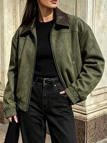 SHEIN Women's Autumn/Winter Casual Outing Commute Suede Fleece Loose Long Sleeve Jacket - Army Green - View 3