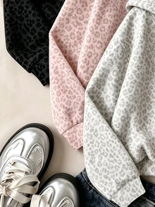 1 Random Piece Girls Y2K Leopard Print Full Zip Sweatshirt, Pink Leopard, Black Leopard, Grey Leopard, Autumn/Winter Basic Casual Streetwear Jacket - Multicolor - View 4
