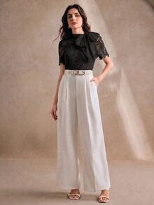 Anewsta Autumn French Gentle Style Black Hollow Lace Bow Versatile Women's Blouse - Black - View 6