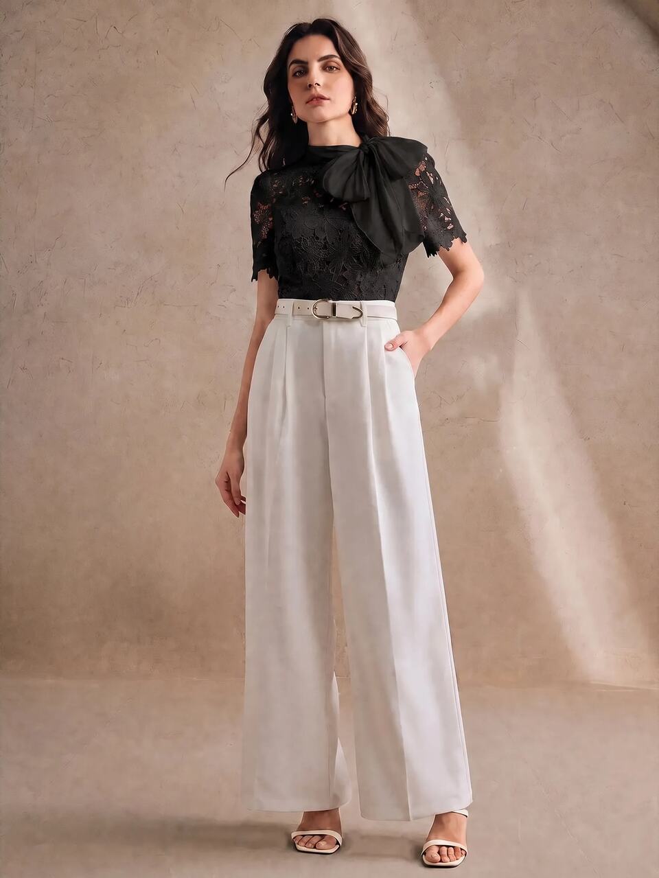Spring/Summer French Gentle Style Black Hollow Lace Bow Versatile Women's Blouse