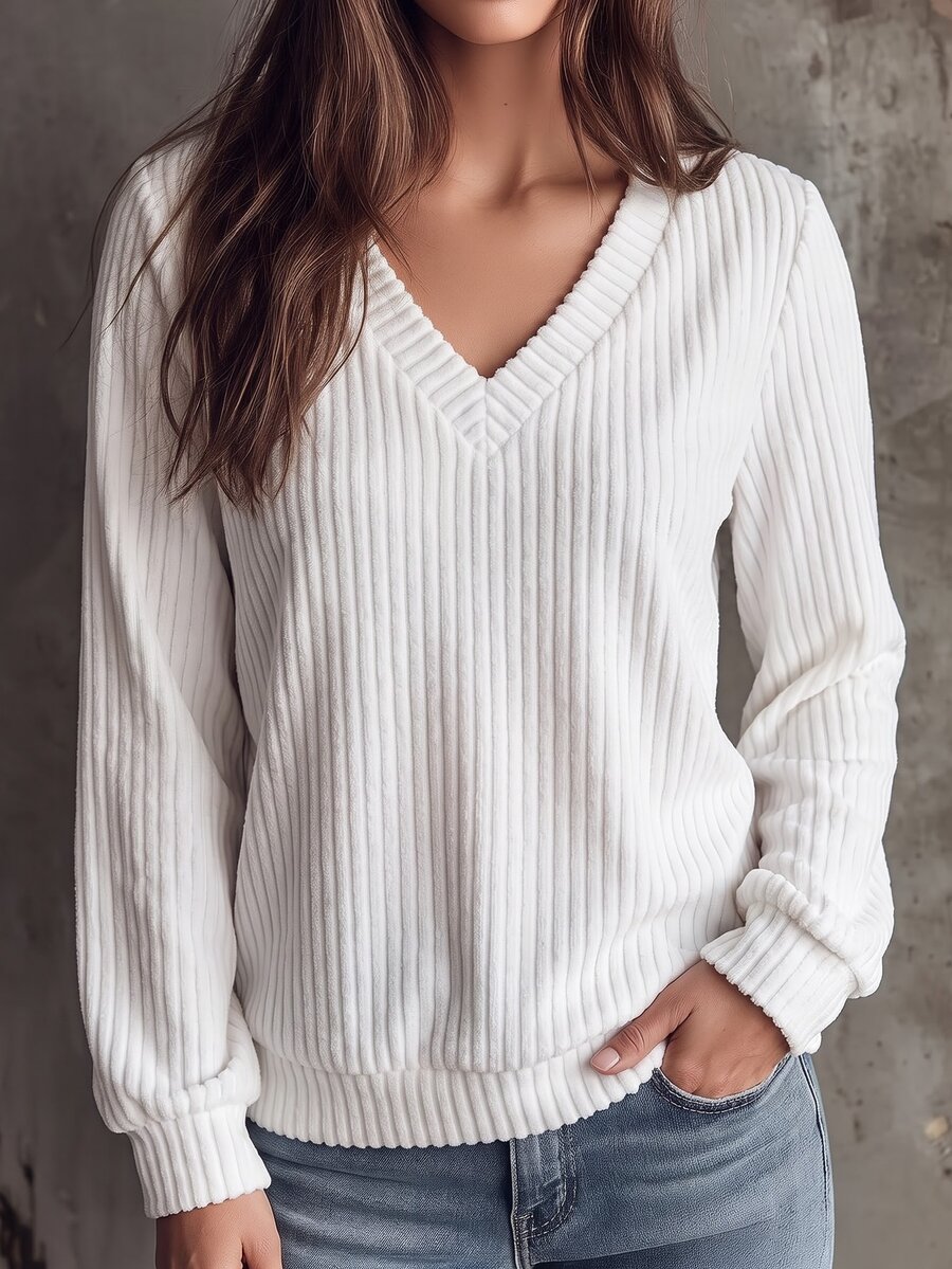 SHEIN LUNE 女款純色V領長袖休閒百搭衛衣 - 白色 - 查看 1