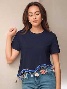 Anewsta Women's Summer Daily Ocean Element Niche Design Shell Pendant Round Neck Short Sleeve - Navy Blue - View 6