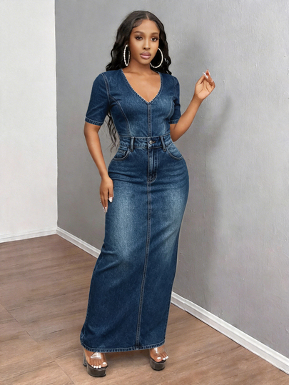 Eryvara Women's Sexy Casual Slim Fit Printed Short Sleeve Long Dress, Summer Club Night Out Navy Blue