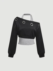 SHEIN MOD 女款拼色不對稱領口二合一運動衫 - 黑色 - 查看 1