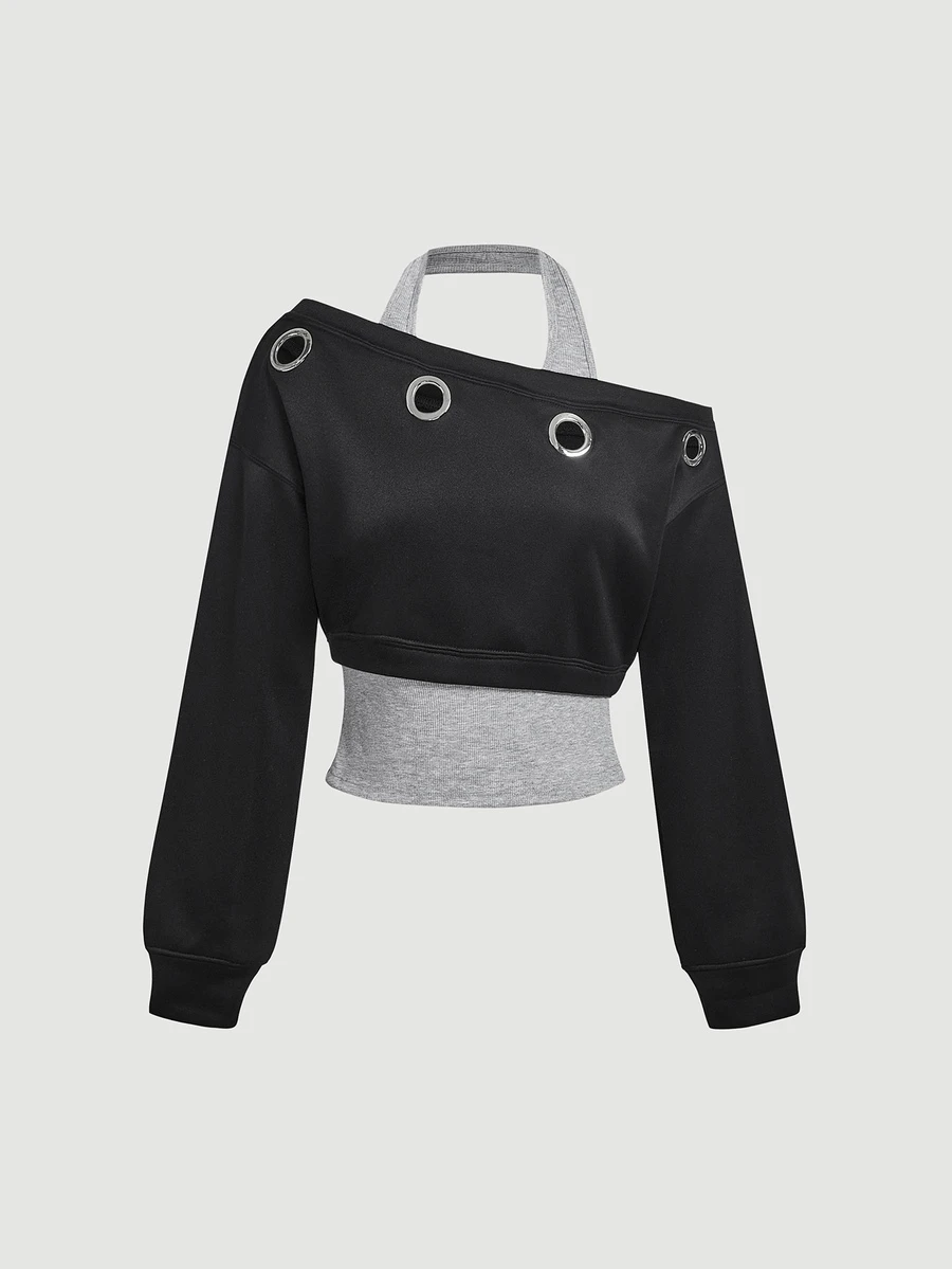 SHEIN MOD 女款拼色不對稱領口二合一運動衫 - 黑色 - 查看 1