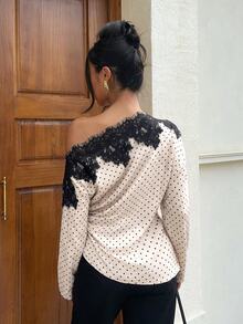 Siren Gaze 女款優雅波點露肩長袖上衣，飾有精緻黑色蕾絲飾邊，時尚休閒日常上衣，秋冬款 - 杏色 - 查看 3