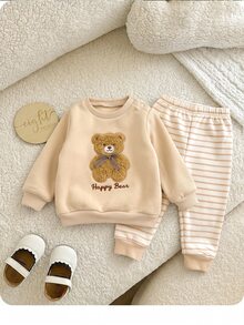 SHEIN 新生兒熊刺繡衛衣與條紋長褲套裝 - 卡其色 - 查看 7