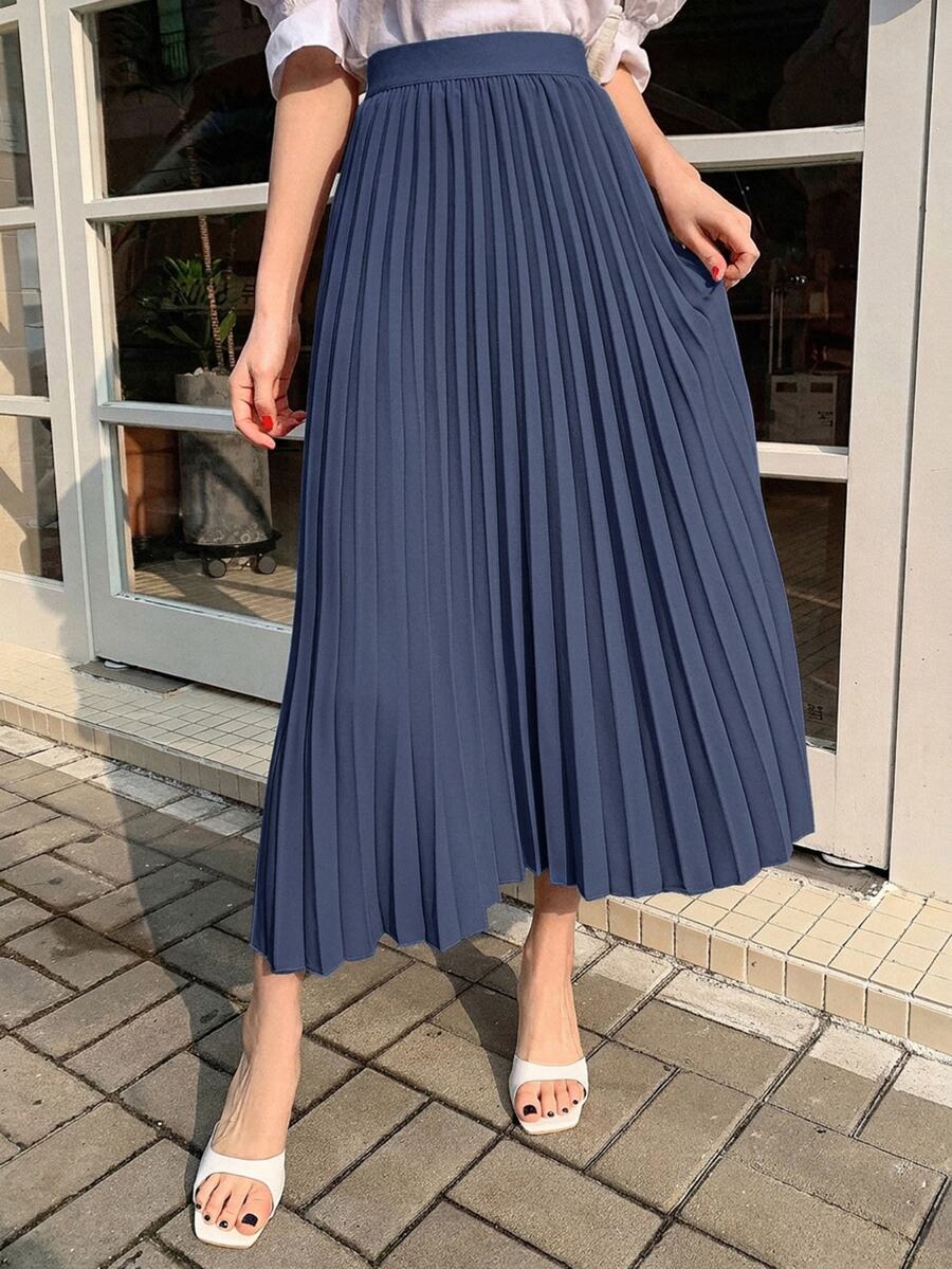DAZY 女款純色百褶休閒百搭日常穿著裙 - 藏蓝色 - 查看 1