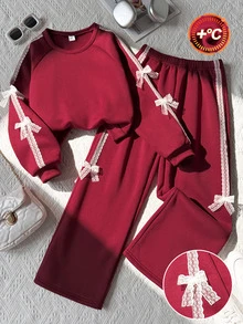 SHEIN Elladie kids 2件組大女孩甜美蕾絲蝴蝶結飾圓領長袖寬腿褲抓絨加厚運動衫褲套裝 秋季風格秋季穿搭 - 酒紅色 - 查看 3