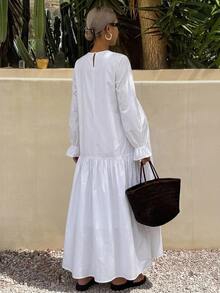 DAZY Solid Color Loose Ruffle Long Sleeve Round Neck Dress, Elegant Maternity Dress For Vacation And Daily Wear, Spring And Autumn - White - View 2