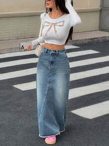SHEIN PETITE تنورة جينز متوسطة الطول بأسلوب كوري عصري مع أزرار وجيوب للنساء، خريف، للنساء الصغيرات للاستخدام اليومي - الأزرق - مشاهدة 5