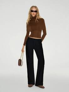 ATUI Studio Solid Color High Neck Fitted Shawl Sweater 2 Pieces Set - Brown - View 2