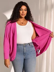 BrightlyHer Plus Size Solid Ribbed Shawl Collar Long Sleeve Knit Cardigan Autumn 2026 Business Club Fuchsia Pink Casual Western - Hot Pink - View 8