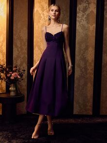 MOTF PREMIUM ELEGANT WOMEN SPAGHETTI STRAP 3D FLORAL APPLIQUE SATIN GOWN FOR FORMAL EVENING PARTY, WEDDING - Purple - View 5