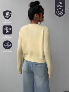 SHEIN BASICS 女款溫柔風百搭鈕扣長袖針織開襟衫 - 鵝黃色 - 查看 2