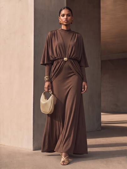 Vesra Women's Long Dress With Semi-Stand Collar, Long Sleeves, Cape-Style Backless Overlay, Metal Buckle Waist, Flared Hem And Stand Collar