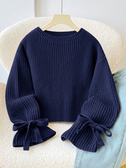 SHEIN Kids Young Girl Young Girl Loose Minimalist Round Neck Sleeve Autumn Sweater,Brown Knitted Ribbed Bow Pullover For Winter School Back-To-School