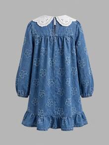 SHEIN Girls' Blue Denim Floral Tween Girl Kids Print Round Neck Long Sleeve Ruffle Hem Dress - Blue and White - View 5