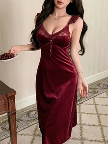 DAZY 女款蕾絲拼接修身無袖露背睡裙家居連衣裙 - 酒紅色 - 查看 4