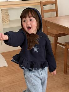 DAZY Sweatshirt Lengan Panjang Gaya Korea Motif Bintang Lima Berkerudung untuk Bayi Perempuan, Cocok untuk Musim Gugur/Dingin - Navy Blue - View 8