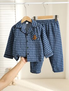 SHEIN 休閒舒適刺繡熊拼接翻領長袖居家服套裝 - 彩色 - 查看 7