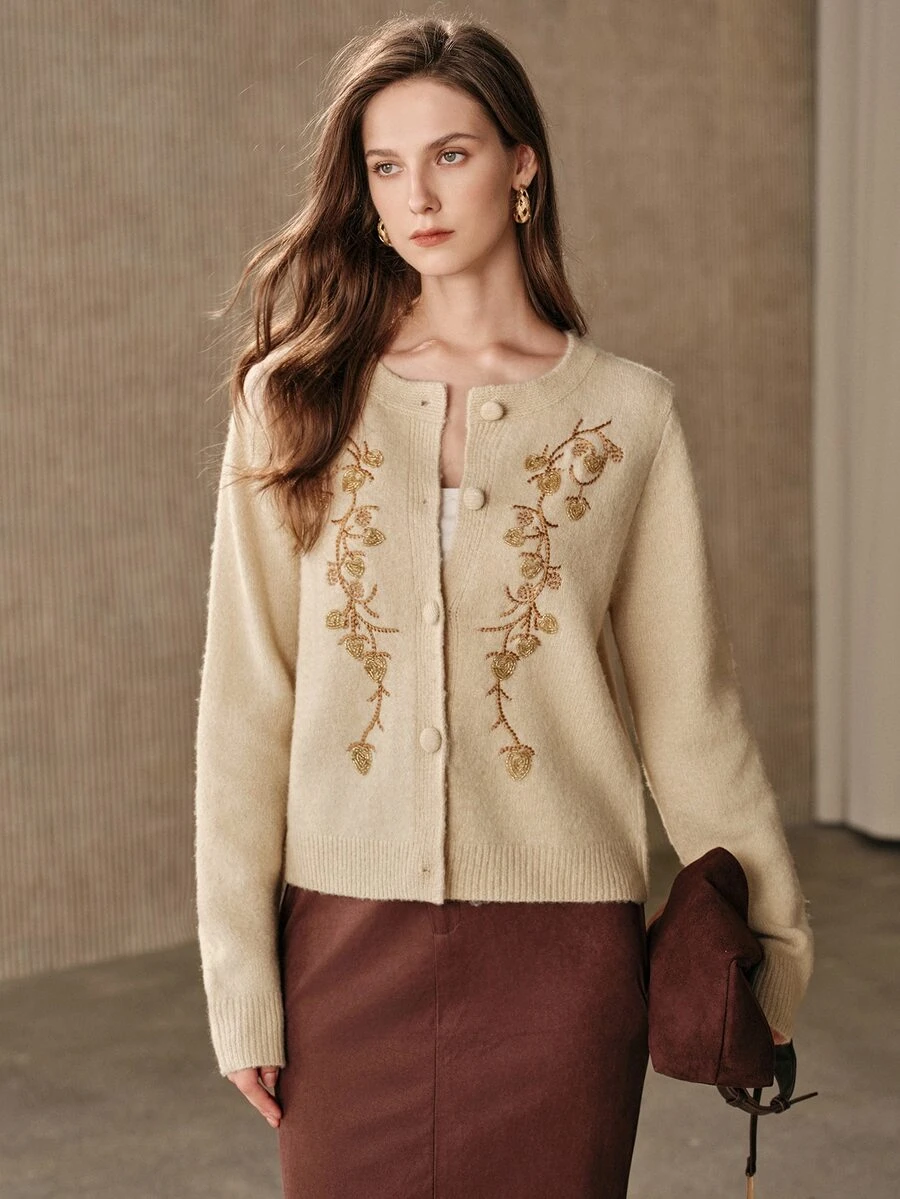 Anewsta Women's Elegant Winter Beaded Embroidery Decorated Knit Cardigan - Camel - View 1