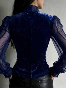 SHEIN LUNE 女款時尚優雅性感海軍藍天鵝絨束腰上衣，透視袖口與蕾絲飾邊，適合萬聖節之夜外出 - 藏蓝色 - 查看 2