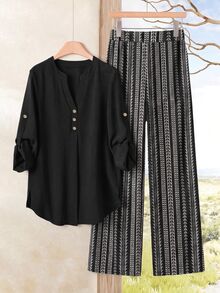 Rusticease Women's Contrast Black And White Striped Long Sleeve 2 Pieces Set, Suitable For Autumn/Winter - Khaki - View 6