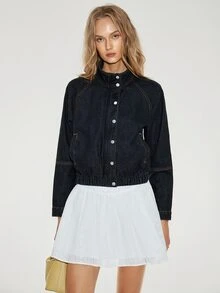 ATUI Studio Women's Fashion Single-Breasted Pocket Long Sleeve Denim Jacket - Dark Wash - View 4