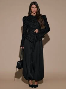 SHEIN BAE Jaket Pesta Elegan dengan Lengan Berhiaskan Kelopak Bunga 3D - Hitam - View 4