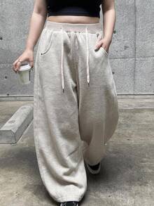 Dazy Plus Plus Size Women's Elastic Waist Curved Leg Loose Hem Joggers, Casual Baggy Sports Sweatpants, New Autumn/Winter Brunch Vacation Gray - Camel - View 5