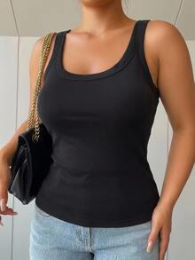 Dazy Plus Plus Size Women Solid Color Thermal Lined Thick Slim Fit All-Match Versatile Black Tank Top - Black - View 5