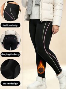 SHEIN Rhythm Era Legging Olahraga Wanita Ukuran Besar Musim Gugur/Dingin, Tebal, Berlapisan Termal, Motif Garis-Garis Blok Warna, Motif Patchwork - Hitam - View 1