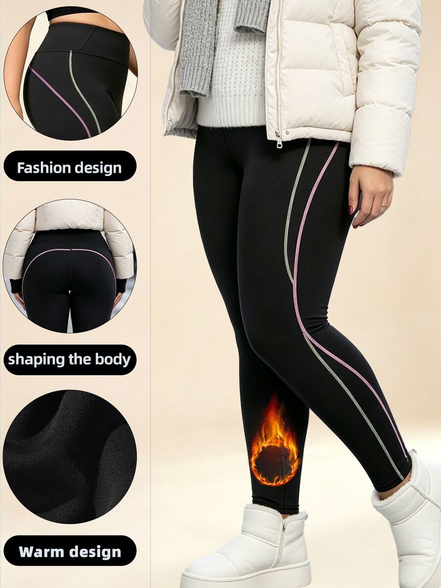 SHEIN Rhythm Era Legging Olahraga Wanita Ukuran Besar Musim Gugur/Dingin, Tebal, Berlapisan Termal, Motif Garis-Garis Blok Warna, Motif Patchwork - Hitam - View 1