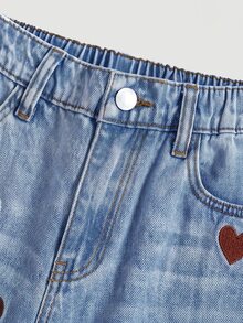 SHEIN Girlism 青少年女孩彩色愛心刺繡圖案藍色牛仔寬鬆長褲 - 藍色 - 查看 5