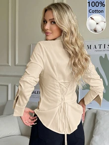 SHEIN EZwear 100%純棉杏色女款休閒百搭前扣式後收腰修身長袖襯衫，適合秋冬穿著 - 杏色 - 查看 10