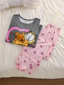 GARFIELD | SHEIN Tween Girl Cute Cartoon Print Long Sleeve Top & Pants Loungewear Set - Grey - View 1