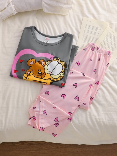 GARFIELD | SHEIN Tween Girl Cute Cartoon Print Long Sleeve Top & Pants Loungewear Set