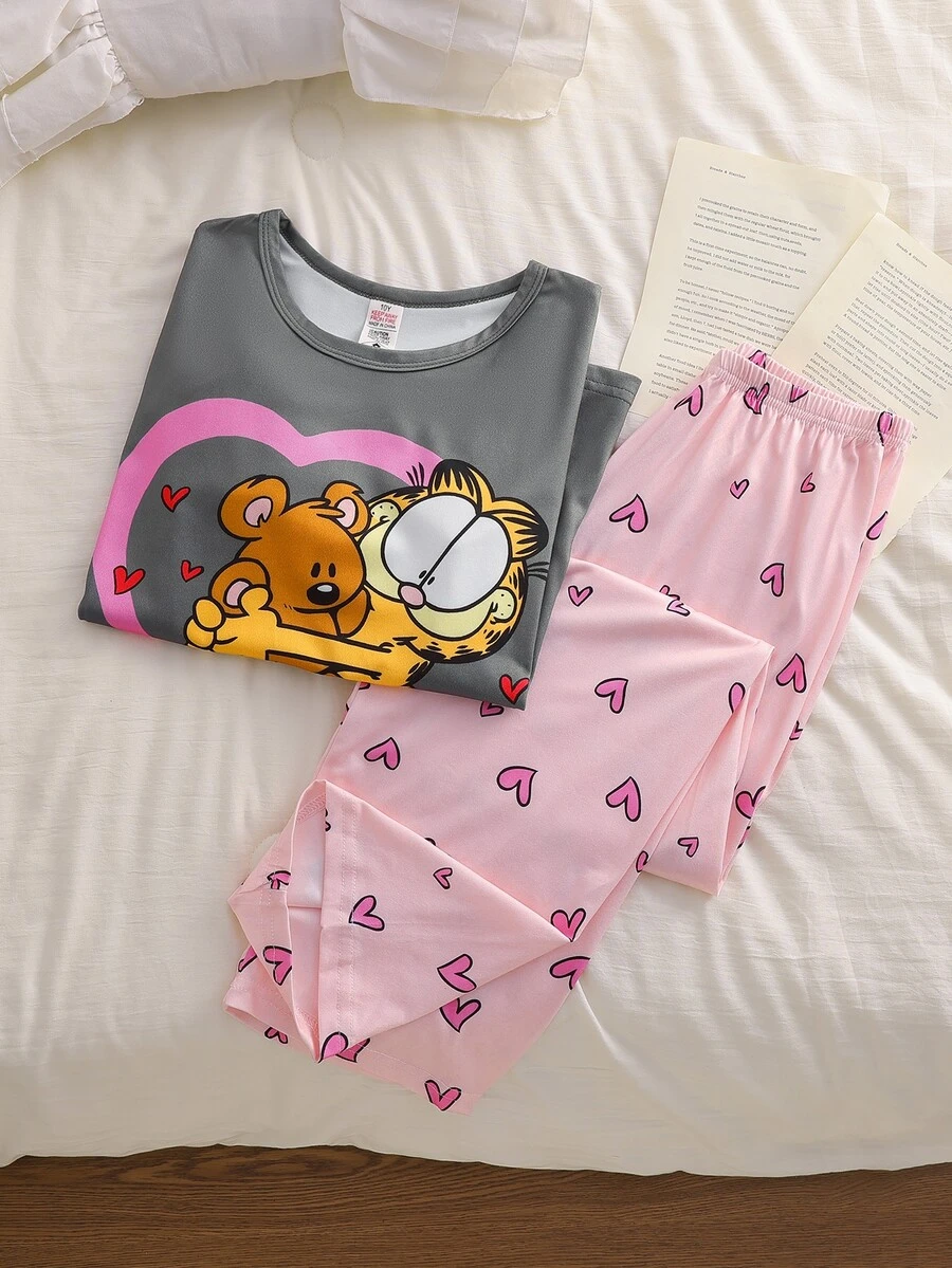 GARFIELD | SHEIN Tween Girl Cute Cartoon Print Long Sleeve Top & Pants Loungewear Set - Grey - View 1