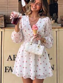 Flora Isola Flora Isola Women's Summer Off-White Cherry Print V-Neck Puff Lantern Long Sleeve Elastic Waist A-Line Mini Dress - Beige - View 4